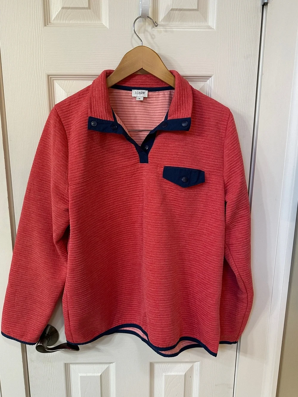 J. Crew Quarter Snap Pullover Womens Large Red Navy Preppy Active athleisure